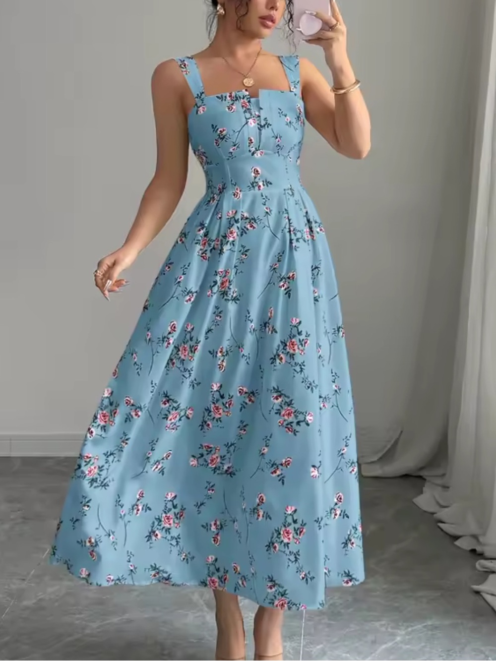 Blue Floral Square-Neck Midi Dress